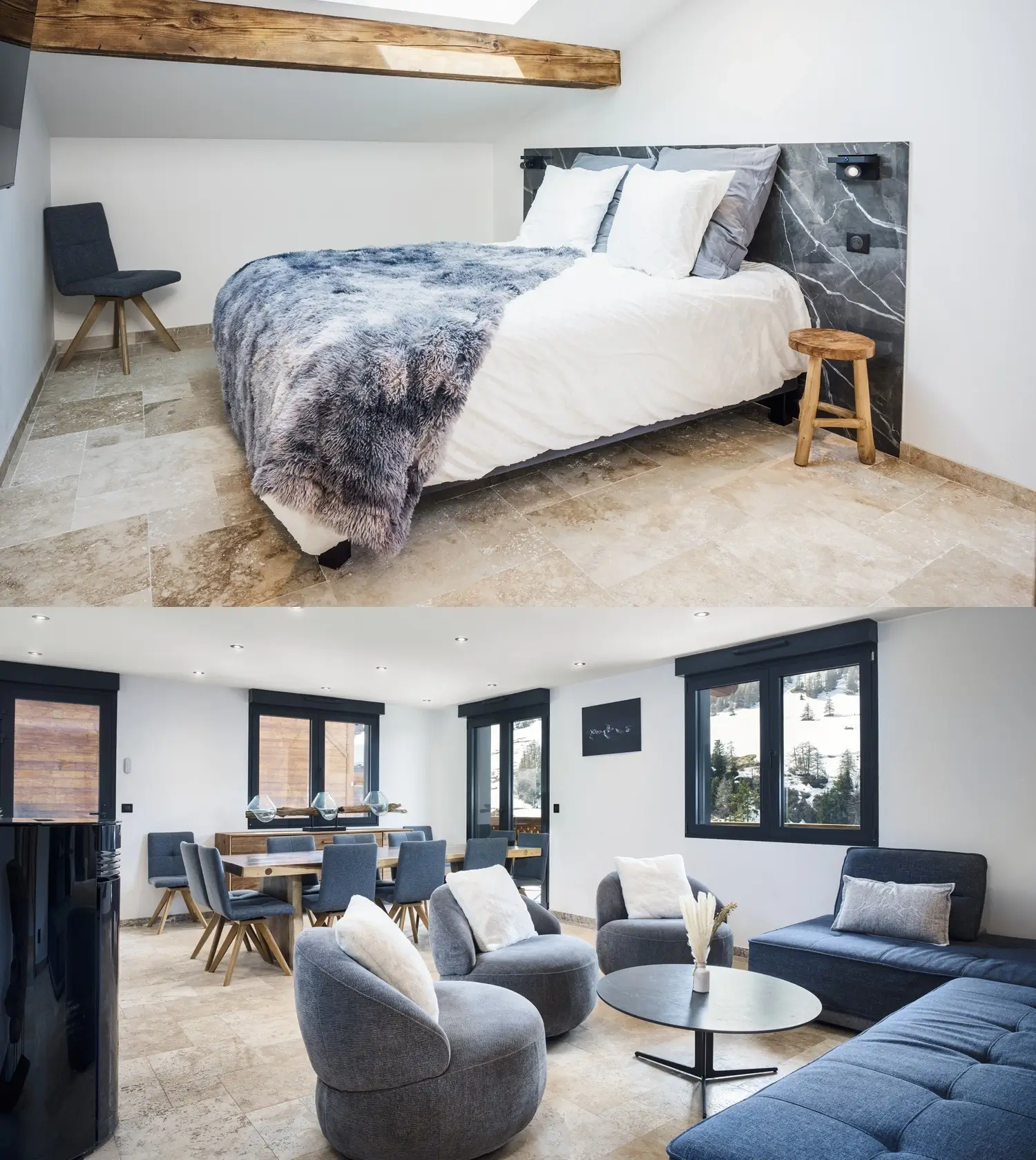 Chalet Montaska à Plagne 1800 — façade enneigée, jacuzzi extérieur